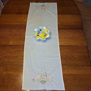 Elegant White Cloth Table Runner W/Embroidered Basket of Flowers, 15 X 4…